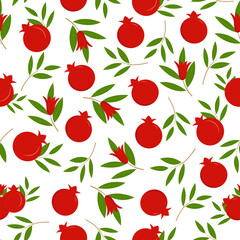 Vector seamless model with pomegranate fruits and white background. Design for cosmetics, spa, pomegranate juice, health products, perfume. Best for textiles or wrapping paper