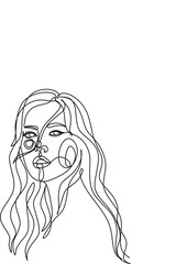 Line Drawing. Abstract face with flowers  and leaves by one line drawing. Modern continuous line art. Women line art. Beauty salon logo. Coloring book. Botanical print. Nature symbol of cosmetics.
