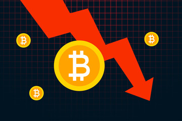 Bitcoin BTC price falls to all time low.  Bitcoin crash  design. Red arrow shows Bitcoin price going down. Vector illustration template