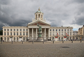Brussels, Belgium. Church of St. James (Eglise Saint-Jacques-sur-Coudenberg) and the monument to Godefroy of Bouillon on the Place Royale 