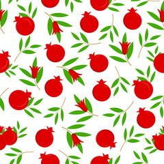 Vector seamless model with pomegranate fruits and white background. Design for cosmetics, spa, pomegranate juice, health products, perfume. Best for textiles or wrapping paper