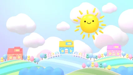 Deurstickers Cartoon cute smiling sun and sweet home. 3d rendered picture. © tykcartoon