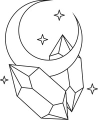 mystical symbols for spiritual practices. Magical hands keep crescent, crystal, branch against background of stars. Trendy minimalist signs for design of cosmetics, jewelry, handmade products.

