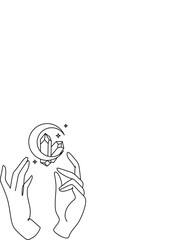 mystical symbols for spiritual practices. Magical hands keep crescent, crystal, branch against background of stars. Trendy minimalist signs for design of cosmetics, jewelry, handmade products.
