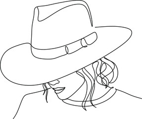 One continuous single drawn line art doodle girl, cowboy, hat, female, western, country, portrait, cowgirl, hair, american, young . Isolated image hand drawn
