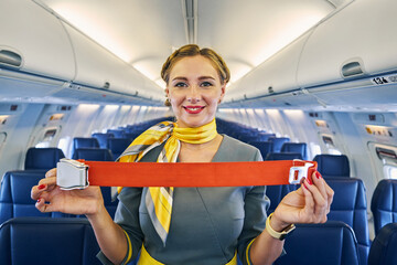 Smiling stewardess standing in the cabin aisle