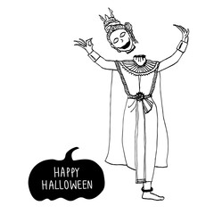 Hand drawn Thai traditional dancing style female ghost on white background for concept of happy Halloween. Vector illustration in doodle art style