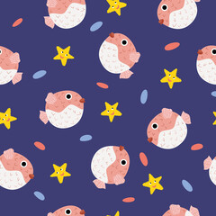 Obraz premium Cheerful seamless pattern with fish hedgehog and starfish on a blue background. Textile, print on clothes. Vector illustration in flat style