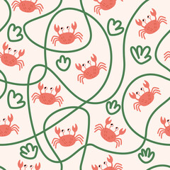 Seamless pattern with crab in seaweed on a beige background. Vector flat illusion