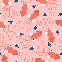 Cute abstract seamless pattern with octopus and fish on a pink background. Underwater wildlife and cute marine animals. Vector illustration flat, wallpaper, background, print, textiles.