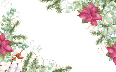 Christmas frame. Hand drawn watercolor fir trees, eucalyptus and cotton branches. Suitable for backgrounds, cards, invitations