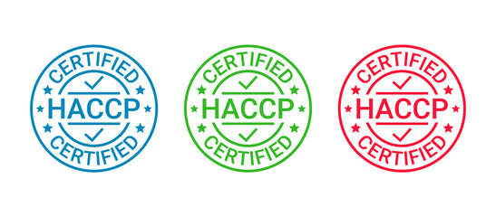 HACCP certified badge. Certificate round stamp. Hazard analysis and Critical Control Points emblem. Food safety system. Quality warranty icon isolated on white background. Vector illustration.