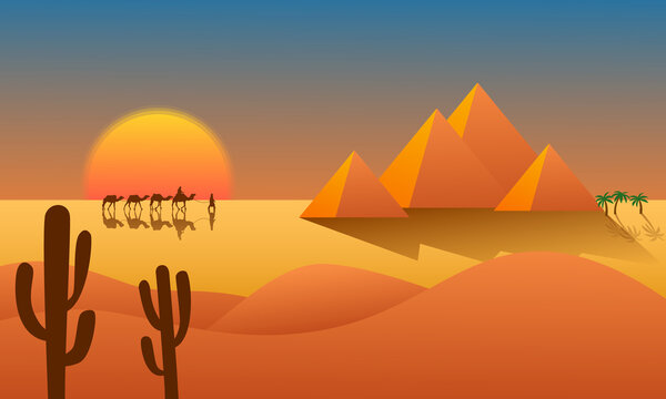 Vector Illustration of Ancient Egyptian Pyramid. Sunset in Desert with Camels, Palm Trees and Cactus