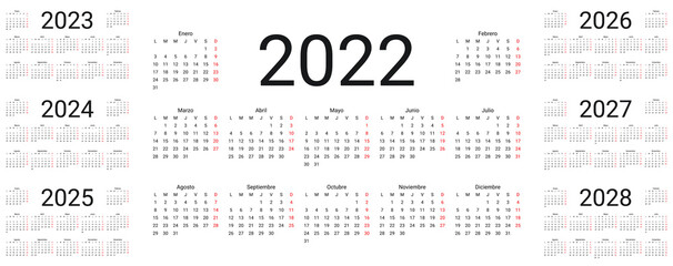 Spanish Calendar 2022, 2023, 2024, 2025, 2026, 2027, 2028 years. Vector. Week starts Monday. Template pocket or wall Spain calenders. Desk organizer. Landscape horizontal orientation. Illustration.