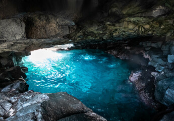 Tancón Cave. Beautiful natural cave with crystalline blue water on the island of Tenerife. Very dangerous because of its currents