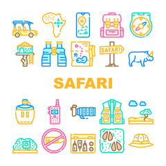Obraz premium Safari African Hunting Vacation Icons Set Vector. Rhinoceros Animal Hunt In Safari And Hunter Equipment, Compass And Binoculars Tool, Walkie-talkie And Flask Drink Line. Color Illustrations