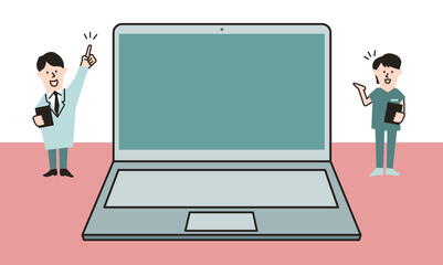 パソコンモニタを指さして説明する医師・看護師のイラストフレーム