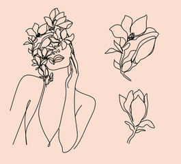 Flower face woman line drawing. Modern continuous line art. Women line art. Beauty salon logo. Coloring book. Botanical print. Nature symbol of cosmetics. Fashion logo.