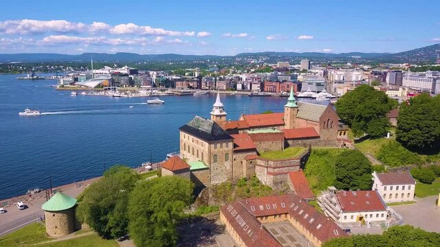 Akershus Fortress aerial panoramic view in Oslo, Norway. Akershus Festning is a medieval fortress that was built to protect Oslo.