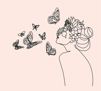Abstract men face with butterfly by one line drawing. Buttrfly Line Art. Portrait minimalistic style. Botanical print. Nature symbol of cosmetics. Fashion print. Beaty salon art