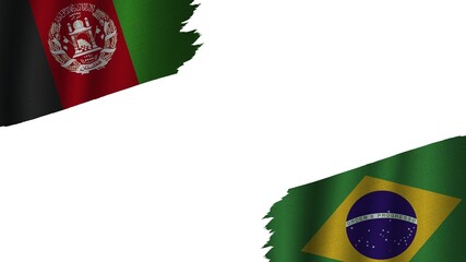 Brazil and Afghanistan Flags Together, Wavy Fabric Texture Effect, Obsolete Torn Weathered, Crisis Concept, 3D Illustration