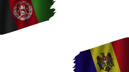 Moldova and Afghanistan Flags Together, Wavy Fabric Texture Effect, Obsolete Torn Weathered, Crisis Concept, 3D Illustration