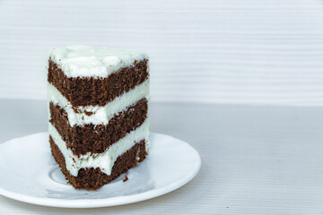 Chocolate cake with butter cream located on the left