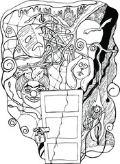 vector illustration locked door,burdock,clown face,cowardly hare,mask,moon,bat,cobweb,black liner drawing,Halloween