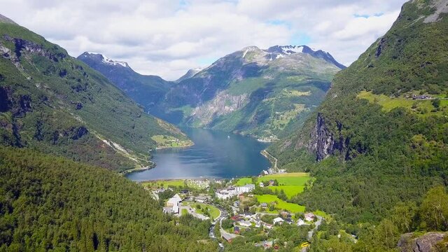 Geirangerfjord and Geiranger village aerial view in Norway