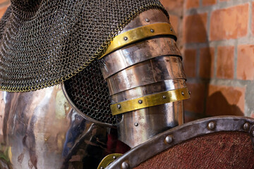 Old historical medieval iron knight armor for ancient warriors protection in combat. Traditional...