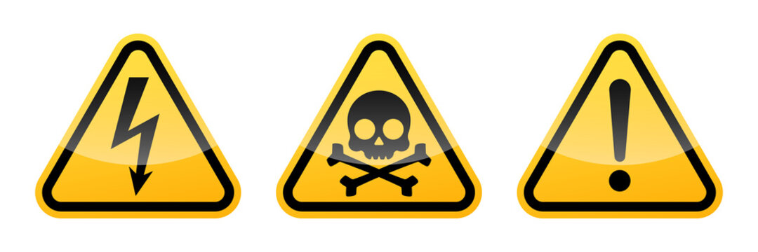Triangular warning vector signs. High voltage sign. Warning attention sign with exclamation mark. Skull and bones warning sign