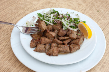Albanian liver food, cayenne liver, liver, lung, kidney food, liver fries, Arnavut ciğeri, Turkish traditional fried liver.