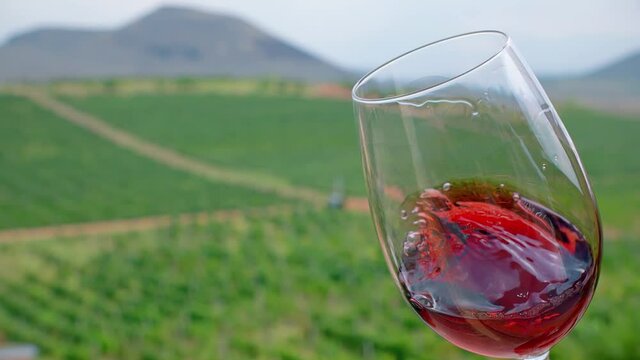 Waving red wine in a glass on defocused vineyard background . Beautiful stock footage for wine commercial . Close up video of wine mixing process inside goblet . Shot on ARRI ALEXA in Slow Motion .