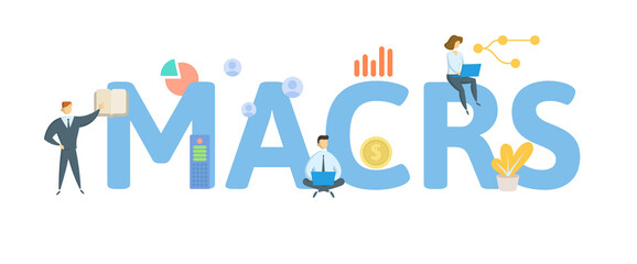 MACRS, Modified Accelerated Cost Recovery System. Concept with keyword, people and icons. Flat vector illustration. Isolated on white.
