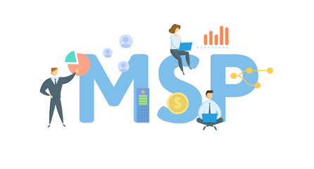 MSP, Managed Service Provider. Concept with keyword, people and icons. Flat vector illustration. Isolated on white.