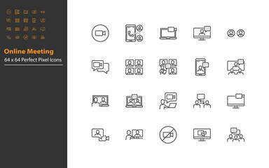 set of online meeting line icons, video call, video conference