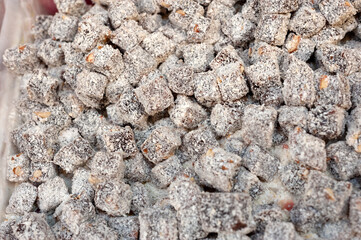 Turkish delight, colorful snacks, candies, catering, treat stock photo.