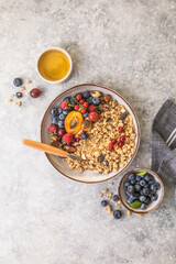 Oat granola with fruits in bowl on concrete background. berry and blueberries with crunchy oat honey granola, healthy breakfast cereals