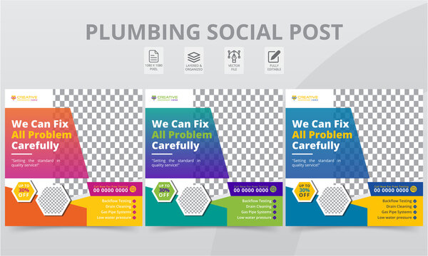 Elegant Plumber Social Media Post Attractive Templates. Professional plumbing services square banner layouts template with geometric shapes for social media posts and web internet ads.