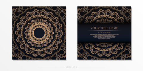 Square vector postcard design in black color with luxury patterns.