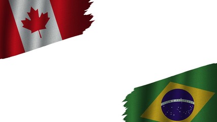 Brazil and Canada Flags Together, Wavy Fabric Texture Effect, Obsolete Torn Weathered, Crisis Concept, 3D Illustration