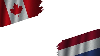 Netherlands and Canada Flags Together, Wavy Fabric Texture Effect, Obsolete Torn Weathered, Crisis Concept, 3D Illustration