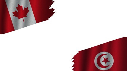 Tunisia and Canada Flags Together, Wavy Fabric Texture Effect, Obsolete Torn Weathered, Crisis Concept, 3D Illustration