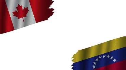 Venezuela and Canada Flags Together, Wavy Fabric Texture Effect, Obsolete Torn Weathered, Crisis Concept, 3D Illustration