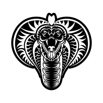 Cobra face icon black illustration. The emblem with king cobra for a sport team. Print design for t-shirt.
