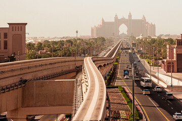 The monorail and famous hotel Atlantis The Palm in Dubai, United Arab Emirates.