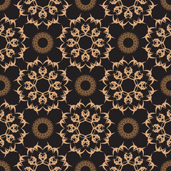 Dark dewy seamless pattern with vintage ornaments. Indian floral element. Graphic ornament for wallpaper, fabric, packaging, wrapping.