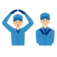 ○×のポーズをする清掃業の男性