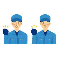 ガッツポーズをする清掃業の男性