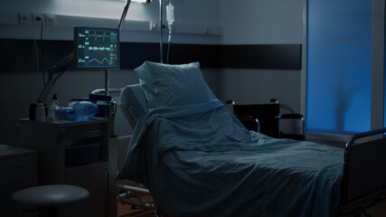 Nobody in empty hospital room prepared for treatment. Modern medical technology as monitor,...